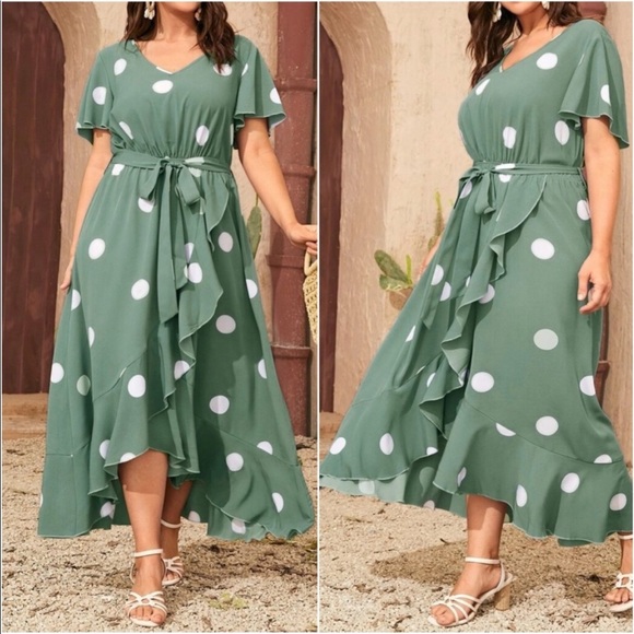 Plus Polka Dot Print V Neck Wrap Hem Belted Dress New - Picture 2 of 4